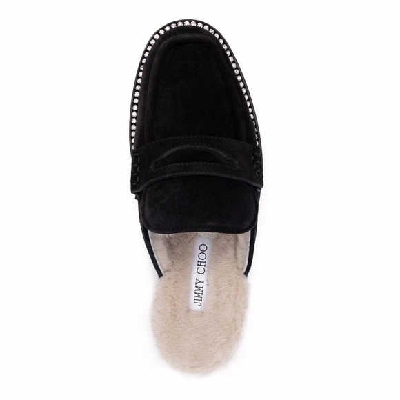 Jimmy Choo Ronnie Mules Slippers Loafers Black Shearling Suede Rhinestone Mules - Picture 4 of 5
